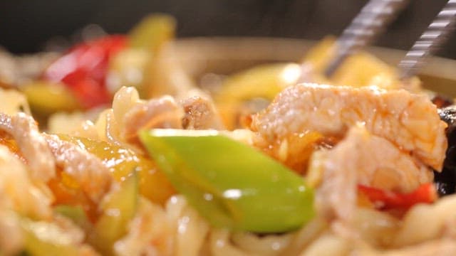 Spicy chili jjambbong with vegetables and meat