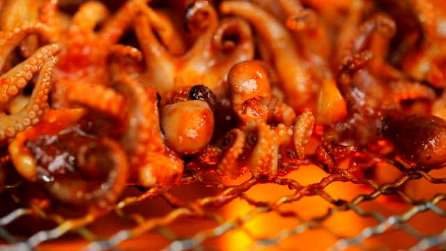 Sizzling small octopuses on a grill