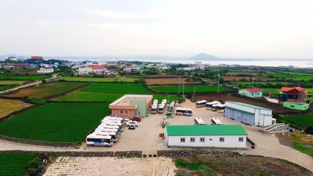 Agricultural fields with small town buildings and buses