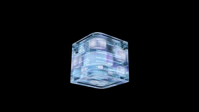 Futuristic Rotating Holographic Cube Displaying Data