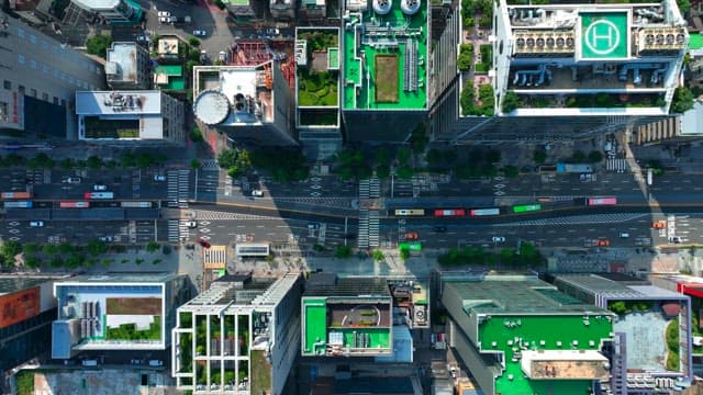 Bustling city with skyscrapers and roads