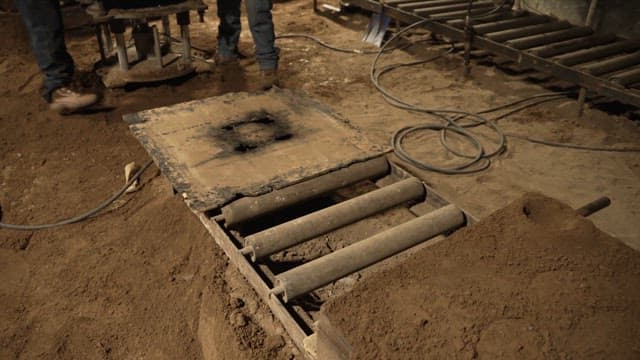 Workers handling a mold in a factory
