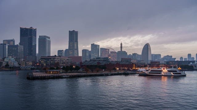 City skyline with illuminated buildings