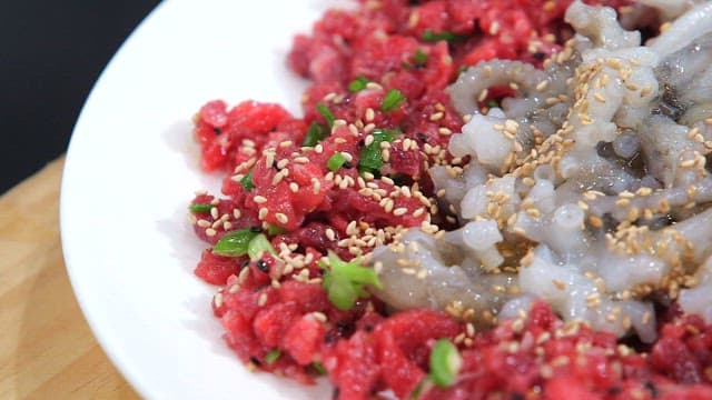 Fresh sliced octopus and beef tartare
