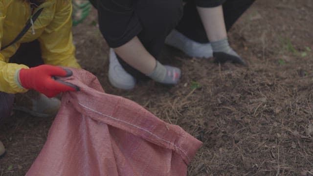 People Putting Soil in Red Sacks