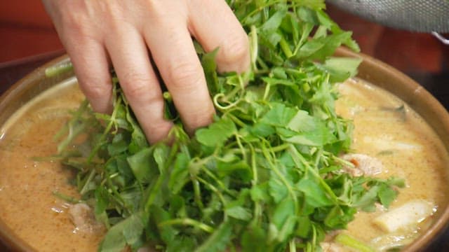 Hands placing fresh water parsley to hot soup dish