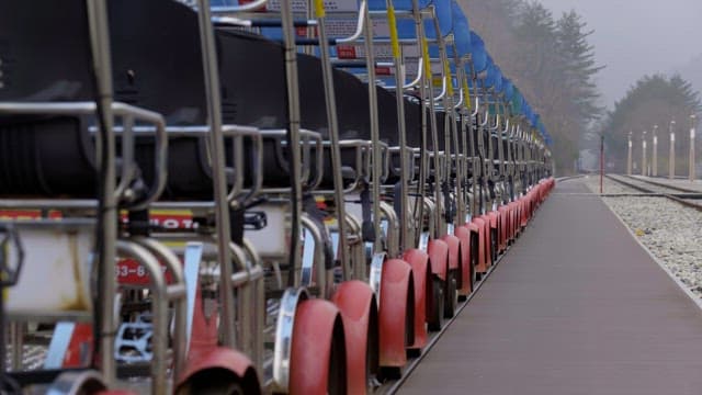 Tourist railway bicycles on the station platform.