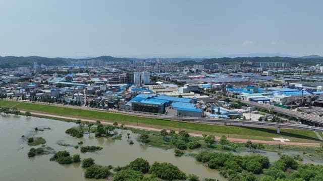 Sprawling industrial cityscape with factories