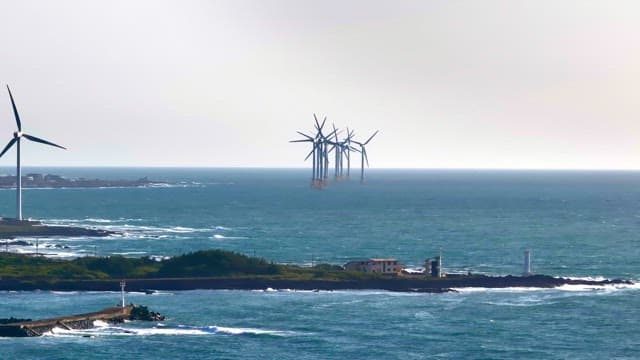 Coastal wind turbines and ocean view