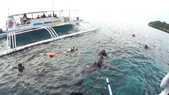 Scuba divers in the ocean near the boat