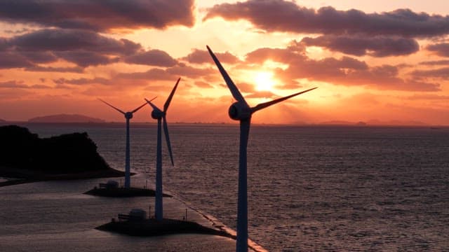 Wind turbines by the sea at sunset