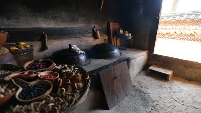 Traditional Korean Kitchen with Cauldron and Furnace