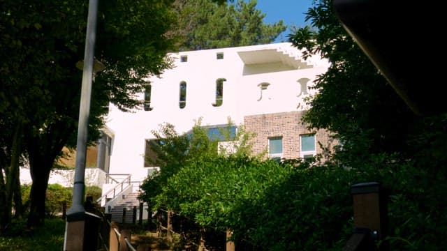 Modern building surrounded by lush greenery