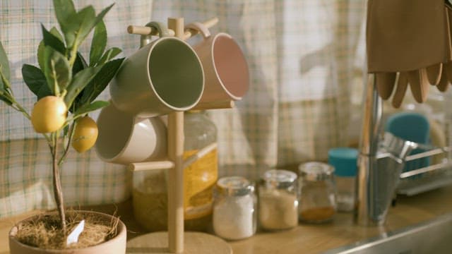 Plant Pots and Mugs in a Corner of a Cozy Kitchen