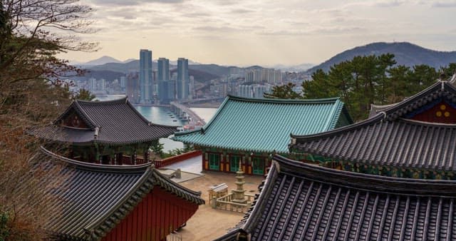Tranquil temple view from day to evening