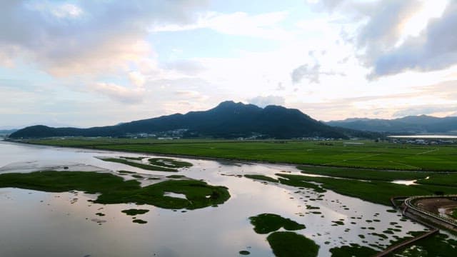 Expansive green fields with distant mountains