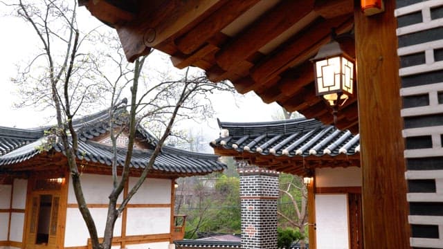 Peaceful traditional roofs of Hanok on a rainy day