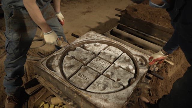 Workers preparing a metal mold in a factory