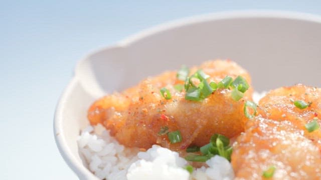 Rice topped with delicious fried fish and green onion