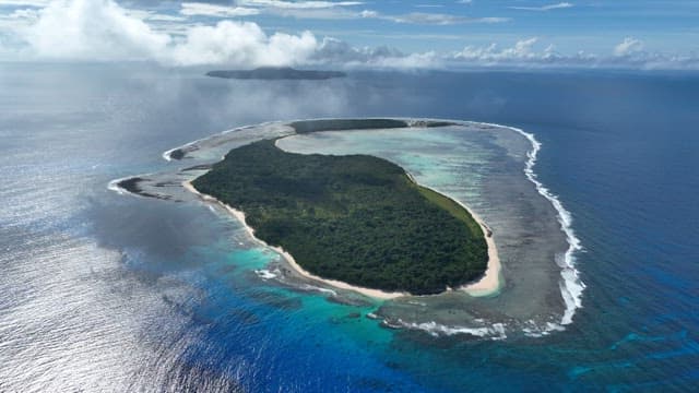 Tropical island with lush greenery and clear blue waters on a sunny day