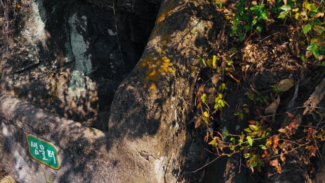 Green name tag for an old spring water site made of rock