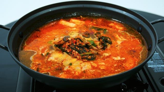Spicy traditional Korean stew in a pot