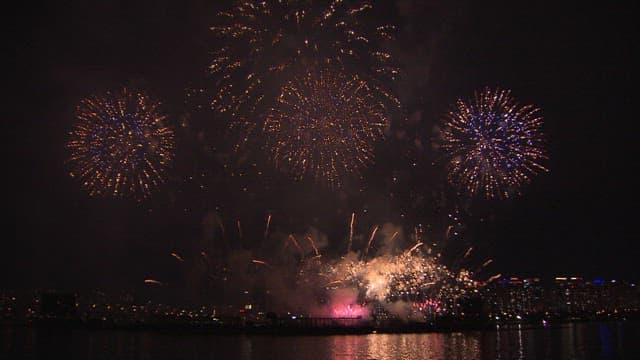 Colorful Fireworks Display Over the City Skyline and River