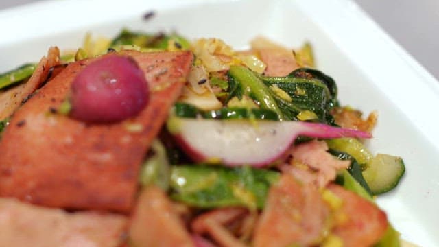 Close-up of a salad with vegetables and meat