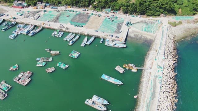 Coastal area with dock and greenery