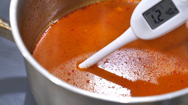 Hands testing jjamppong salinity with a salinity meter indoors