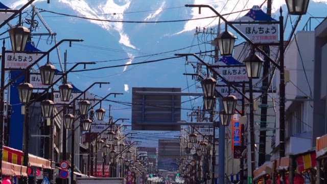 Snow-covered Mt. Fuji viewed from bustling city street