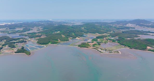 Coastal landscape with distant mountains