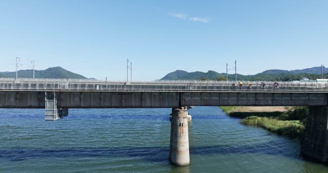 Cyclists crossing a bridge over a river