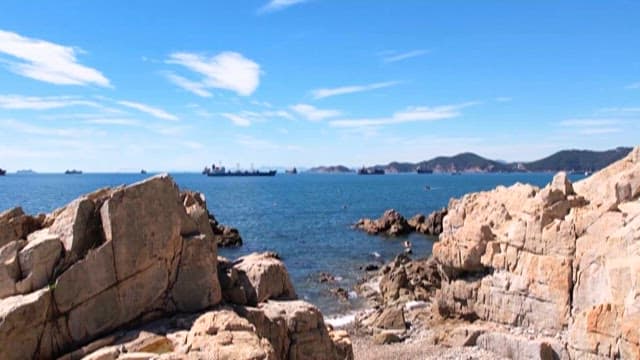 Rocky Coast with a Large Ship Visible in the Distance