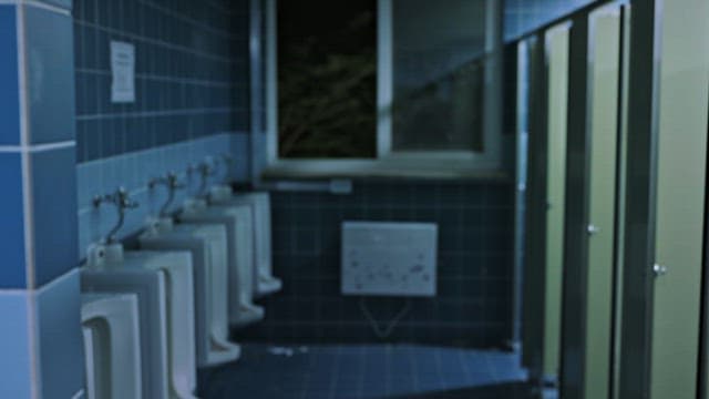 Suspicious Man Entering a Public Restroom at Night