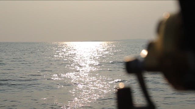 Fishing rod and tranquil ocean at sunset