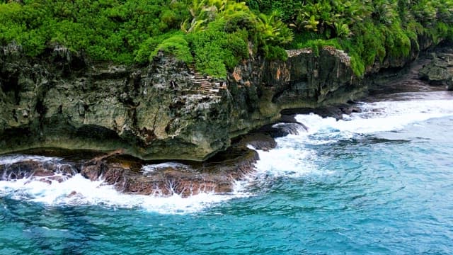 Tropical Rocky Coastline with Lush Greenery and Waves
