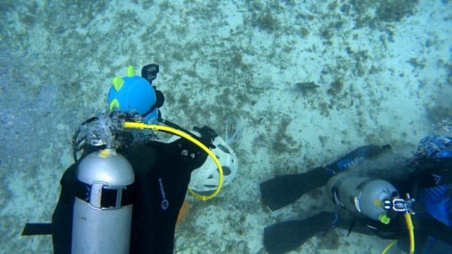 Diver holding a sculpture to decorate the seabed