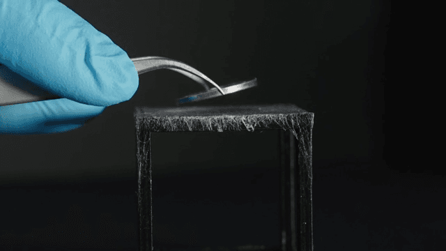 Scientist examining metal coins with tweezers in the lab