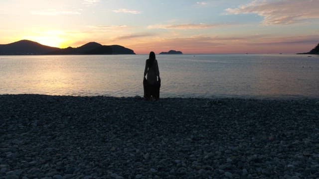 Silhouette of a Woman Looking at Sunset over the Sea