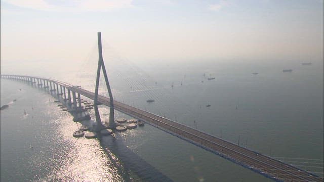 Incheon Bridge stretches long over the sea