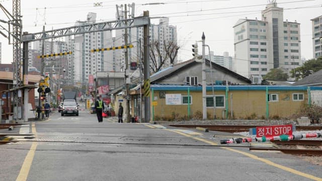 Train running on tracks at a Samgak Baekbin RC in the city center