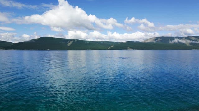 Tranquil lake with distant mountains