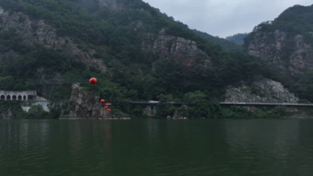 Cloudy Lake View with Passing Train and Mountains