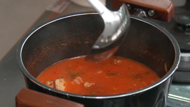 Pouring steaming pork stew into a bowl in the kitchen