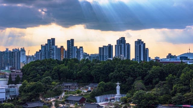 Modern skyline with forest and statue at sunset