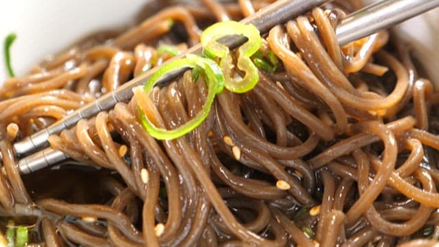 Cool buckwheat soba noodles in a bowl