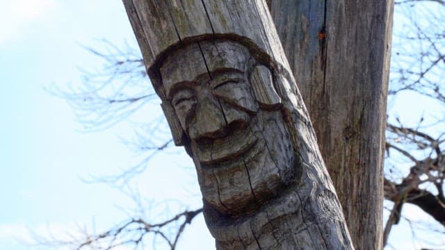 Face of a wooden totem pole smiling against a bright sky