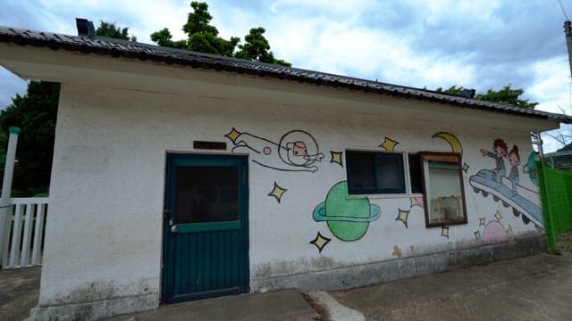 Exterior wall of a building with colorful space-themed mural