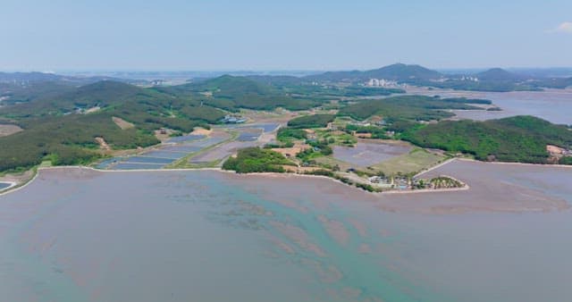 Coastal landscape with distant mountains